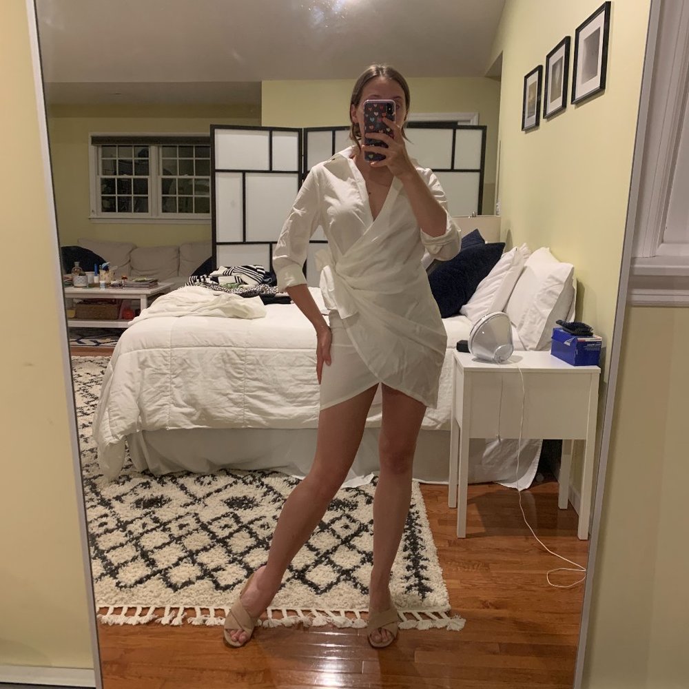 White Wrap Style Collared Long Sleeve Shirt Dress